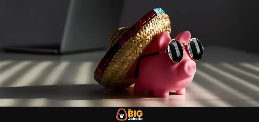 Piggy bank in sunglasses and sombrero with a laptop in the background.
