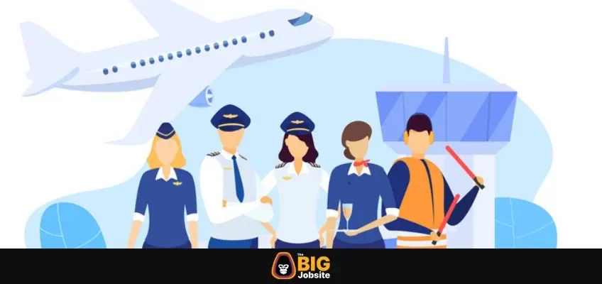 Illustration of Airport workers stood in front of air traffic control tower and a flying plane.