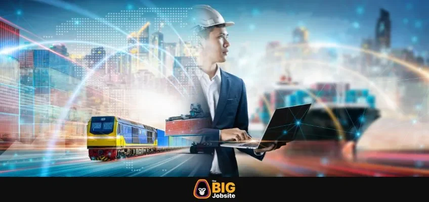 Young Asian Man with lap top and hard hat near digital city image and train